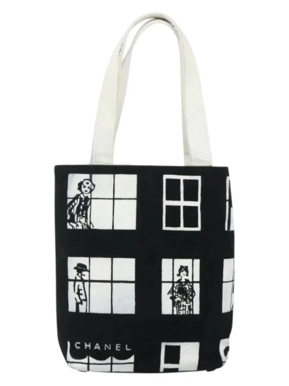 CHANEL Windows Line Tote Bag Canvas Black Gold CC Auth BA12234